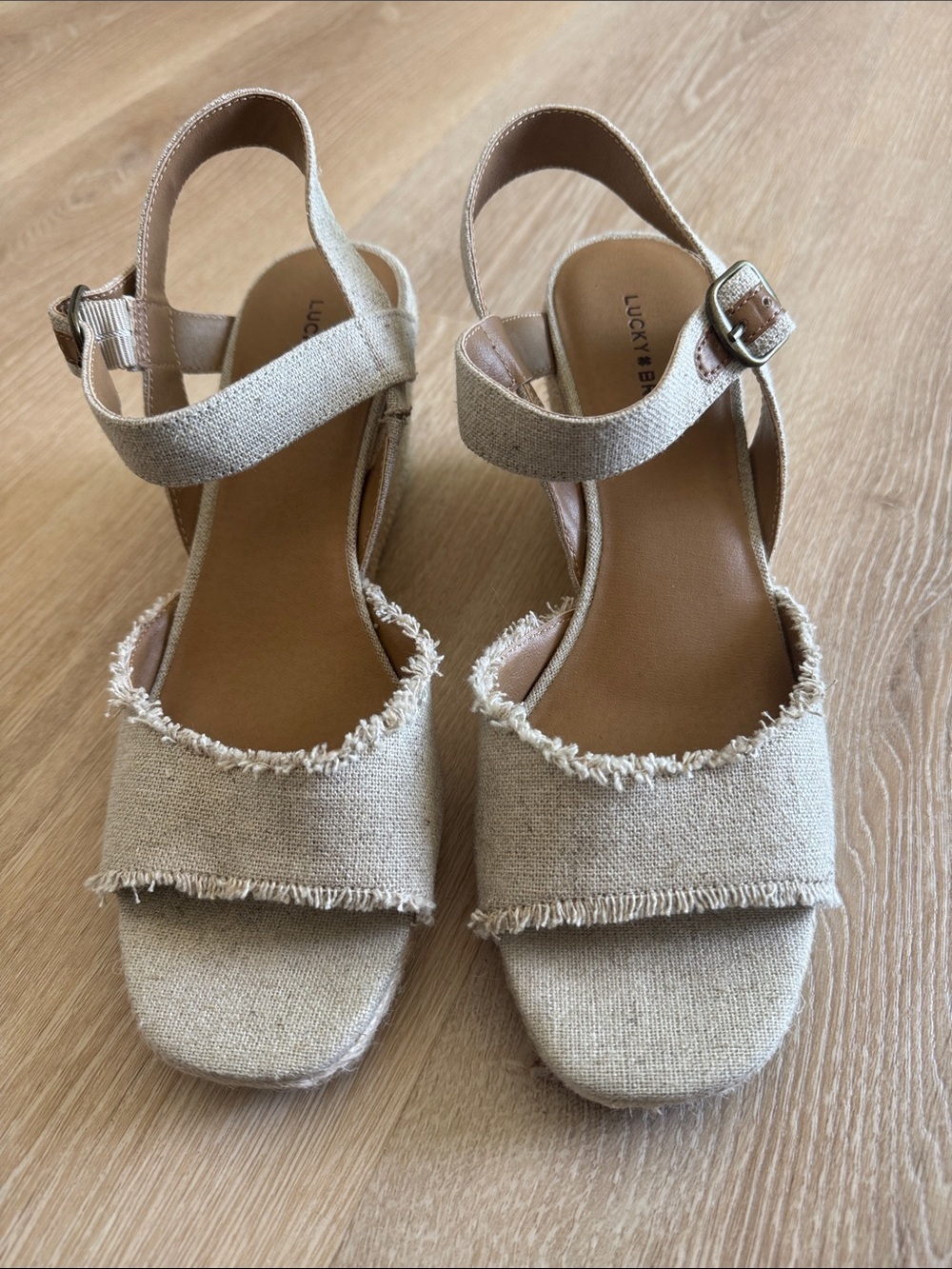 Lucky Brand Natural Beige Frayed Linen Wedge Sandals